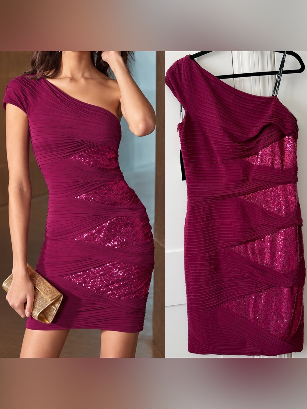 Tadashi Shoji One Shoulder Pleated Sequin Cocktail Dress Sangria Pink Sz L